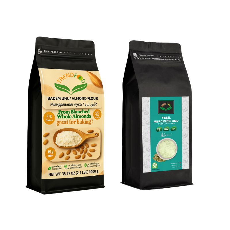 Kabuksuz Çiğ Beyaz Badem Unu 1 kg+ 1 Kg Yeşil Mercimek Unu