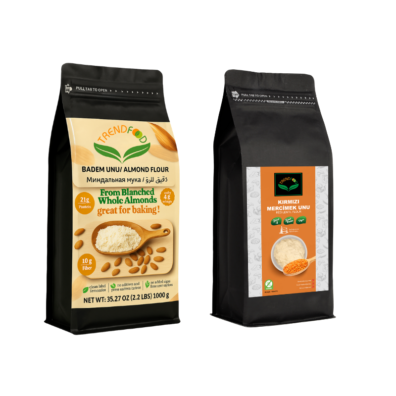 Kabuksuz Çiğ Beyaz Badem Unu 1 kg+ 1 Kg Kırmızı Mercimek Unu