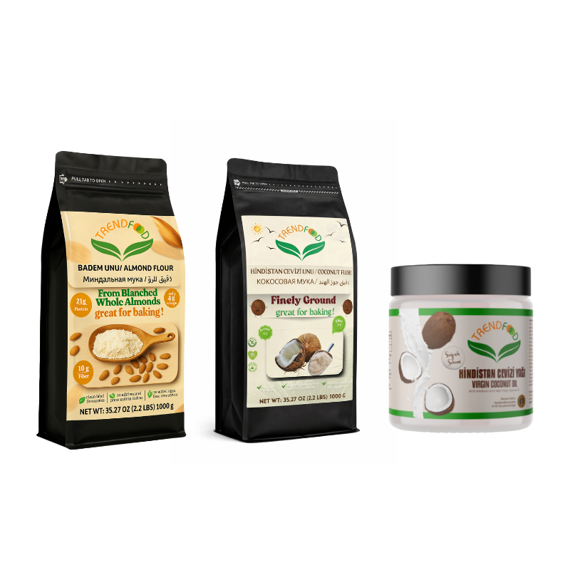 Beyaz Badem Unu 1 kg + 1 kg Hindistan Cevizi Unu (İnce Çekim)+ 300 ml Hindistan Cevizi Yağı