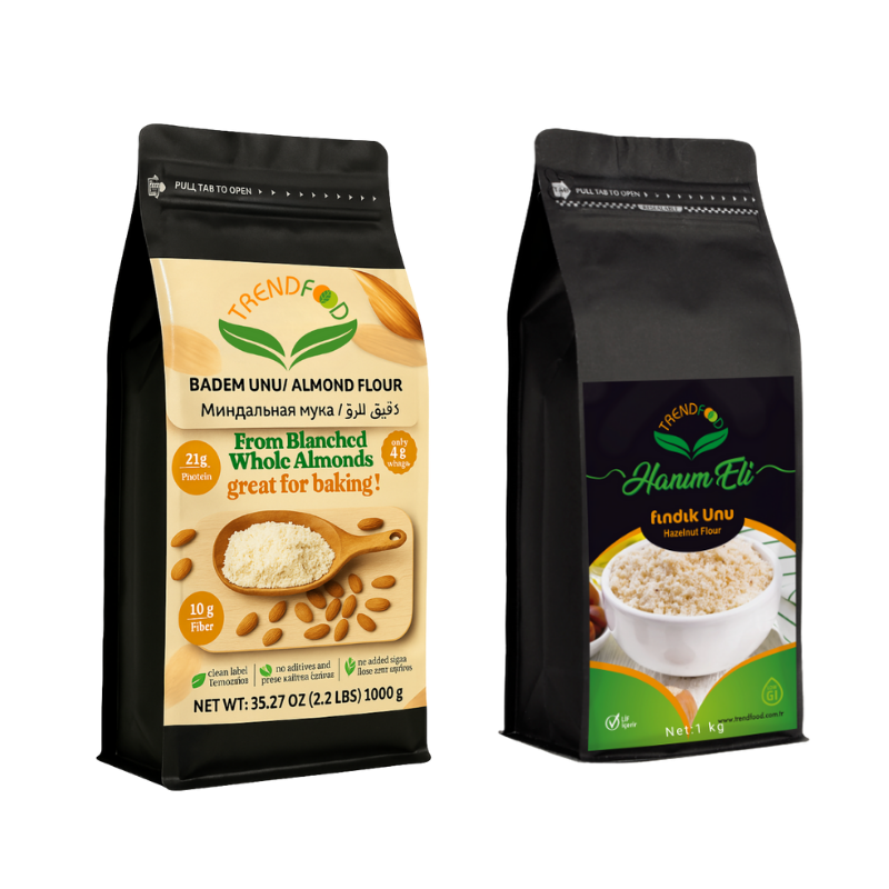 2'li Avantajlı Paket Kabuksuz Çiğ Beyaz Badem Unu 1 kg + 1 kg Çiğ Beyaz Fındık Unu Glutensiz Doğal Güvenli Gıda